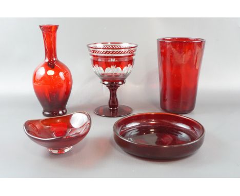 A Bohemian ruby vase, 25 cm, together with a large Laura Ashley goblet, 19 cm, and two dishes