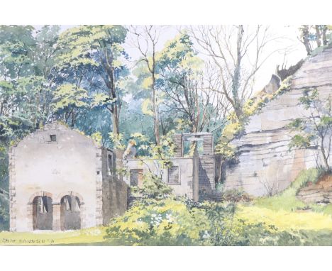 Ralph Wilkinson  "The Howk, Caldbeck", a study of the Bobbin Mill ruins being overgrown by the surrounding woodland, watercol
