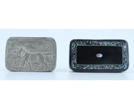 A Victorian abalone- and pewter-inlaid lacquered mache snuff box together with a later pewter pocket snuff box
