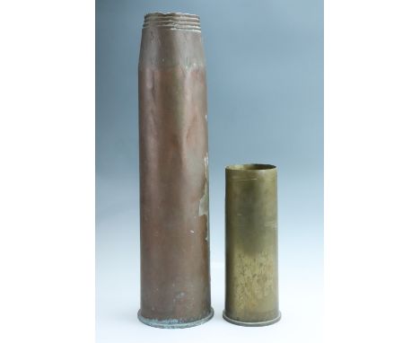 A 1970s British army L118 light gun 105 mm shell case, 33 cm, together with a 4.5 inch Naval artillery shell case, 64 cm