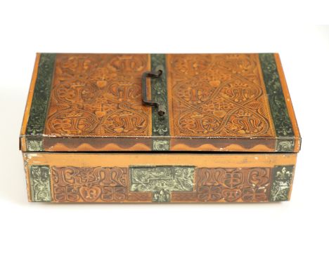 A vintage 'Three British Queens' Cadbury's chocolate tin, having embossed decoration and hinged lid with a loop handle, 17 x 