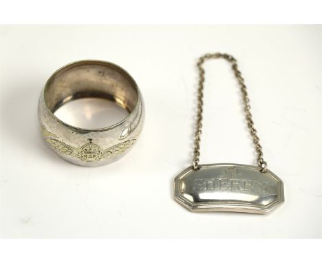 An RAF Officers' Mess electroplate decanter label together with a similar napkin ring