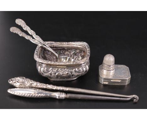 A pair of Victorian fancy silver coffee spoons by William Hutton &amp; Sons, together with a silver salt cellar, a silver thi