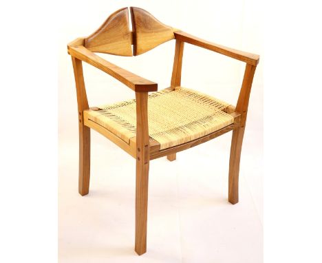 [ California Modern ] A 1970s elm and cane open arm chair by Gene L. Hackleman, employing the decorative use of through tenon