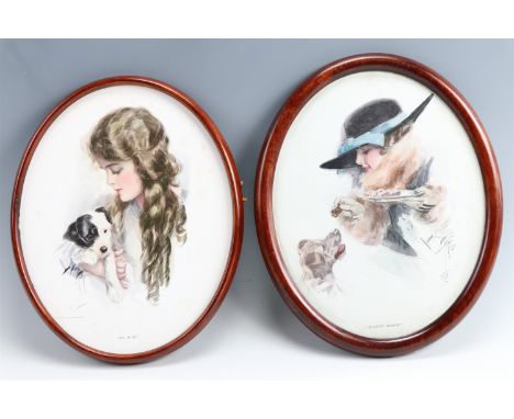 After Harrison Fisher (1875 - 1934) "All Mine" and "A Lucky Beggar", two sentimental depictions of young lady's and hounds, p