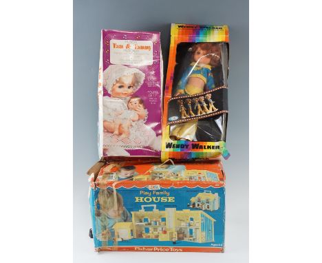A vintage boxed Tam &amp; Tammy musical doll set together with a Wendy Walker doll by Playmates and a Fisher Price Play Famil
