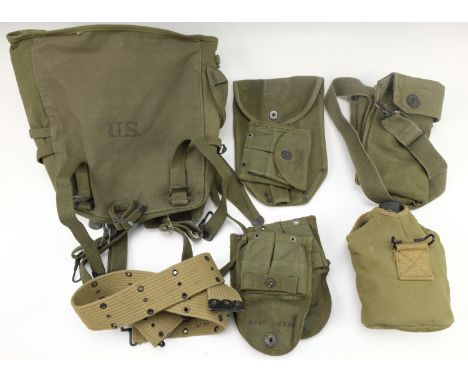 A quantity of Second World War and post-War US army webbing including 1945 magazine pouches, canteen and 1945 cover, Model 19