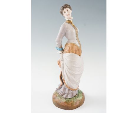 A figurine of a Victorian lady, modelled standing holding an letter behind her back and staring wistfully dexter, in naturali