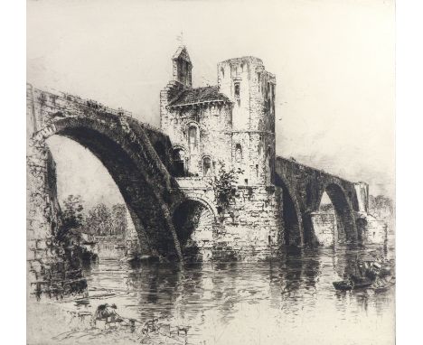 Hedley Fitton (1859 - 1929) "Pont d'Avignon", a study of the medieval bridge stretching across the river Rhone in southern Fr