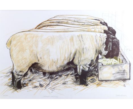After Jennifer Brereton (Contemporary) "Cabbages and Kings", study of black faced sheep feeding from trough, limited edition 