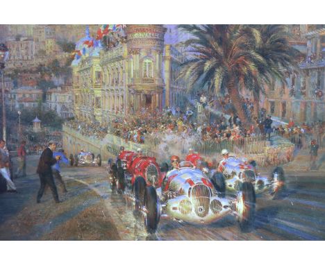 A dynamic depiction of the Mercedes Benz W125 driven by Rudolf Caracciola, pulling ahead to win the Monaco Grand Prix, print,