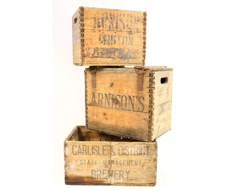 Three vintage pine bottle / siphon crates, including Carlisle State Management Brewery and Arnison's, Wigton and Silloth