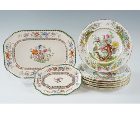 Six Copeland Spode plates, decorated in depiction of exotic birds, together with two Chinese Rose pattern dishes, largest 26 