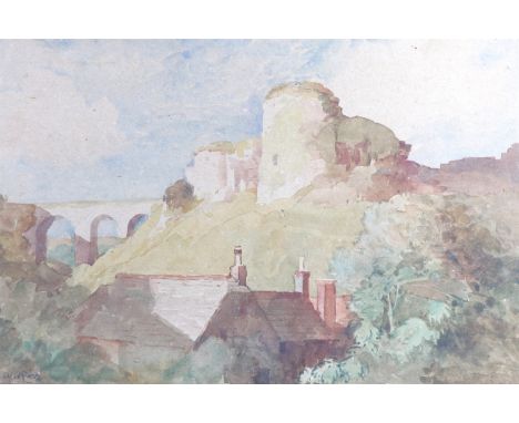 Alfred William Rich (1856 - 1921) An impressionistic study of Corfe Castle in Dorset, with cottages nestled amongst trees ben