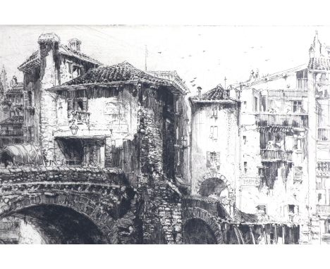 Hedley Fitton (1859 - 1929) "The Bridge, Jospel", a study of the bridge with canal houses and figures washing items in the ri