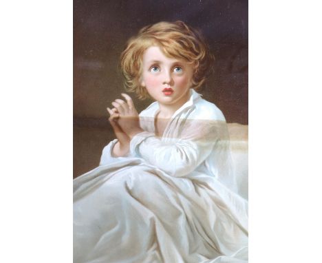After James Sant RA (1820 - 1916) "Samuel", a study of a young boy sat upright under a white sheet with hands clasped togethe