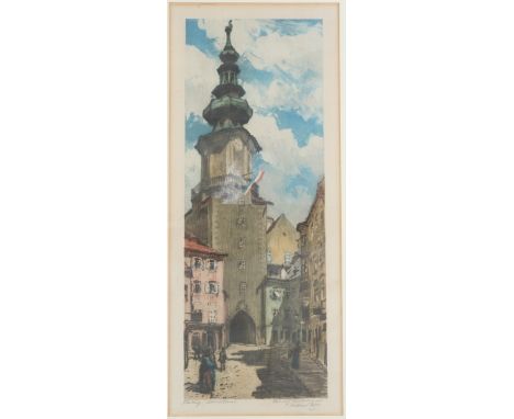 Richard Lux (1877 - 1939) A horizontal street view of a towering French monument under an idyllic blue sky, etching, signed a