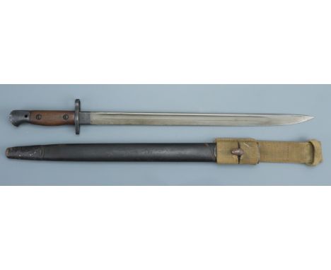 A Pattern 1907 bayonet manufactured by Wilkinson in 1917, in Pattern 1937 webbing frog