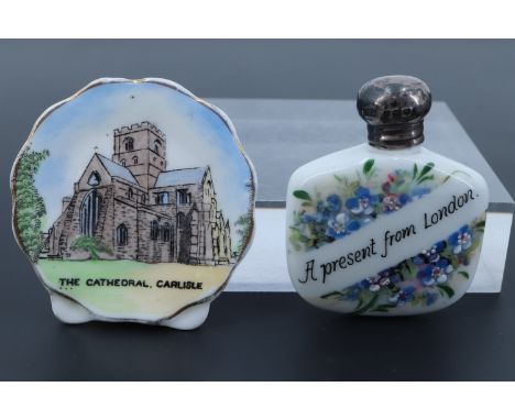 A 1940s silver lidded ceramic perfume bottle together with a diminutive Coalport "Carlisle Cathedral" plaque, bottle 5.5 cm