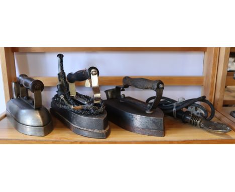 Three vintage electric billiards table irons, including two by 'Dowsings', together with a hatter's electric brim iron (flex 