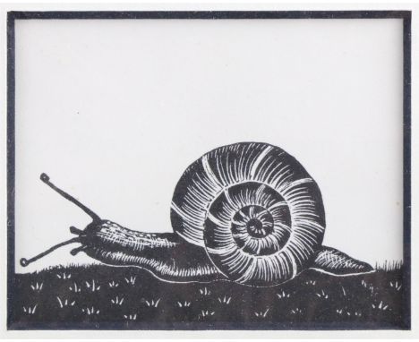 Claire Leighton (1898 - 1989) "Snail", a study of a snail crawling across grass, lithographic print of a woodcut, title and a