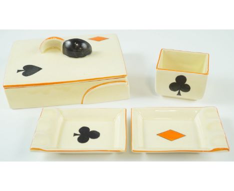 A Clarice Cliff Playing Card pattern smoker's set, comprising a cigarette box, two ashtrays and a match stick pot, shape 467,