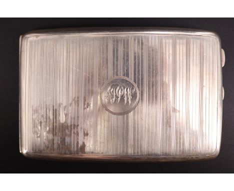A George V engine turned silver cigarette case, gilt lined, bearing an engraved monogram, Chester, 1916, 180 g, 13 x 8.5 cm