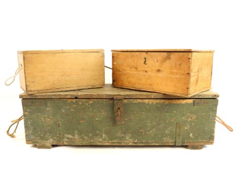 A vintage painted pine crate having a hinged lid, together with two pine boxes, crate 88 x 31 x 26 cm