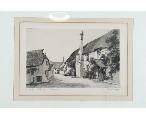 C. Dickens  "Porlock Village, Somerset", a study of a quaint village with thatched cottages and local pub, etching, signed, e