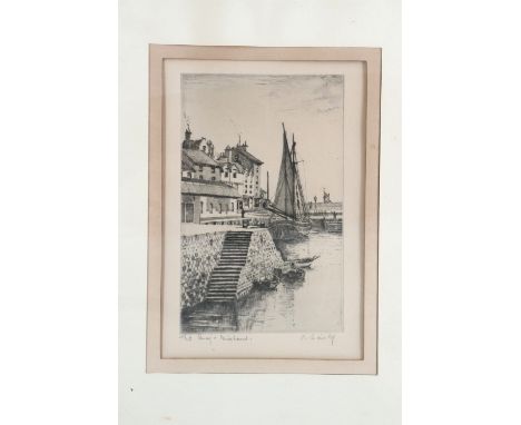 The Quay - Brixham, drypoint etching, signed, in card mount and ebonised frame under glass, 21 cm x 30 cm overall