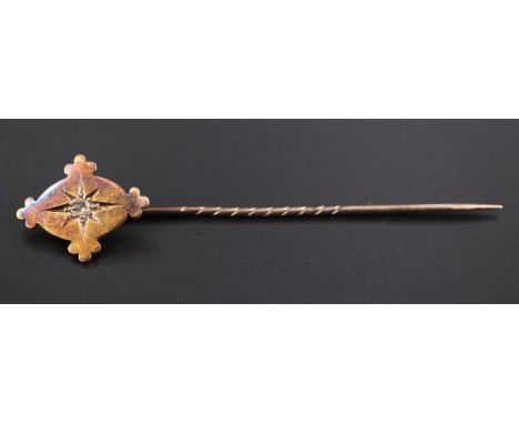 A Victorian diamond-set 9 ct yellow metal stick pin, terminal 18 mm x 22 mm, 4.1 g