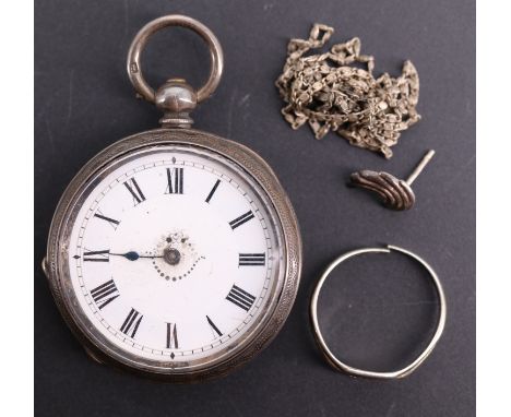 A Victorian silver fob watch, a white metal chain, ring and two ear studs, together with a 9ct gold ear stud, (all a/f), 22.0