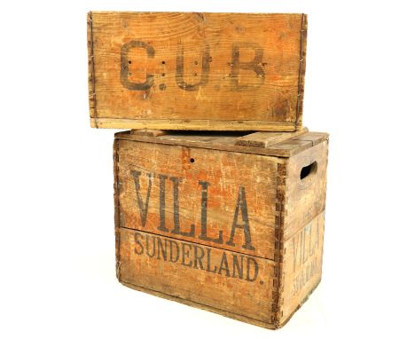 Two vintage pine bottle / siphon crates, including 'Villa, Sunderland' and 'C.U.B. Edinburgh'