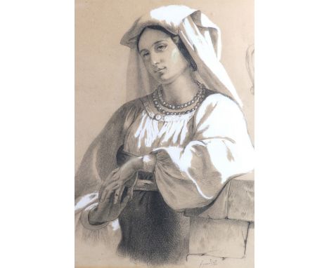 A portrait of an Italian lady leaning on a wall with her hands clasped and wearing a white head scarf and beaded necklace, gr