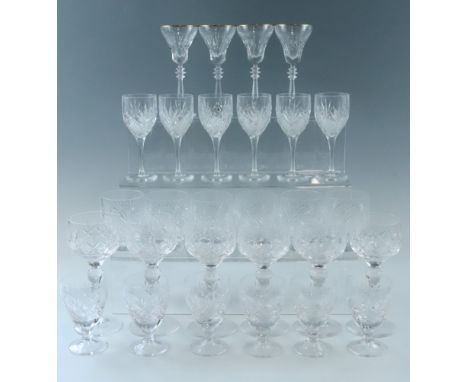 Four Spode Crystal liqueur glasses together with four sets of six cut glasses, including wine glasses and whisky tumblers, et