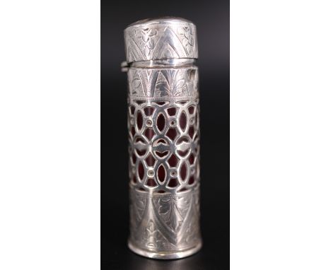 An Edwardian silver-cased ruby glass scent bottle, of cylindrical form with ground-in stopper and hinged lid, reticulated and