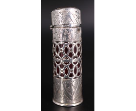 An Edwardian silver-cased ruby glass scent bottle, of cylindrical form with ground-in stopper and hinged lid, reticulated and