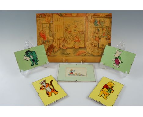 Four hand painted glass Winnie-the-Pooh wall plaques together with a print "Follow The Leader" by Alison M Jeffrey and a Beat