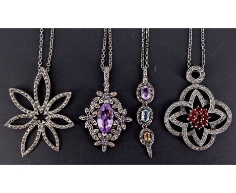 Four modern silver necklaces, variously set with amethyst, marcasite, garnet, citrine, and chrisoberyl, all on similar white 