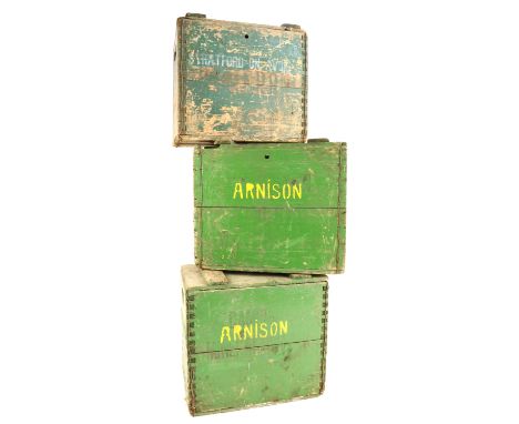 Three vintage painted pine bottle / siphon crates, including 'Arnison'