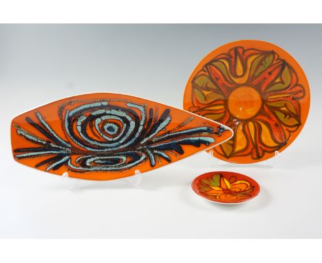 A Poole Pottery "Delphis" pattern spear dish, 17 cm x 43.5 cm together with two other dishes, 26.5 cm largest