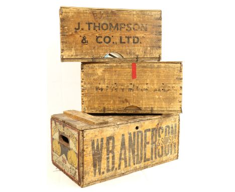 Three vintage pine bottle / siphon crates, including 'J Thompson and Co Ltd' and 'W B Anderson and Sons Ltd'