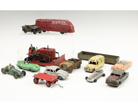 A group of vintage Dinky, Tri-ang and other diecast toy cars, including a Blaw Knox Bulldozer, a Cadillac Eldorado, a Volkswa