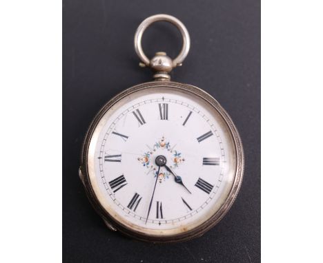 A late 19th Century lady's white metal cased fob watch, having a Swiss key-wound movement and enamel face with Roman numerals