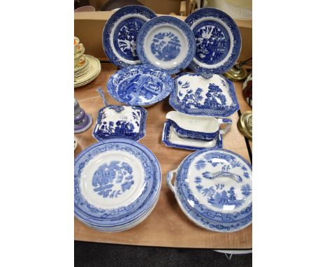 A variety of antique blue and white ware, including tureens, plates and Spode Italian bowl etc.