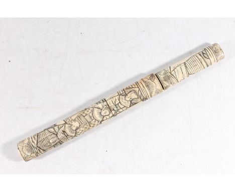 Japanese tanto knife, the carved bone grip and scabbard decorated with figures and buildings, blade length 20cm long, knife l