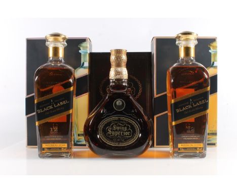 JOHNNIE WALKER Swing Superior blended Scotch whisky 43% abv. 70cl boxed, and two bottles JOHNNIE WALKER Black Label 12 year o