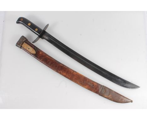 Dutch East Indies type kelwang short sword cutlass, the curving blade with fuller, plain bar hilt, black plastic handles, in 