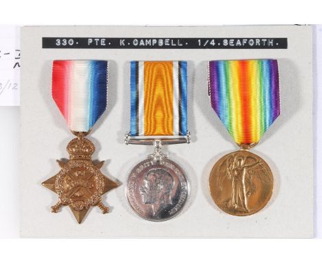 Medals of 330 Private Kenneth Campbell of E Company 1/4th Battalion Seaforth Highlanders comprising WWI war medal, victory me