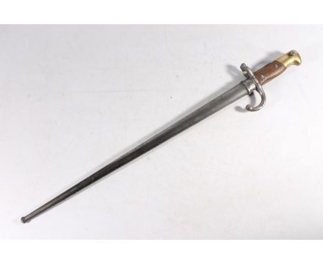 French 1874 pattern Gras bayonet, the blade of tapering T form with blade spine inscribed for St Etienne 1878, the guard and 
